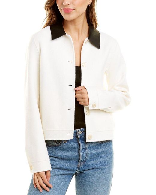 Theory White Combo Crop Leather-trim Wool & Cashmere-blend Jacket