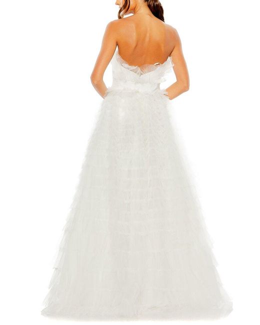 Mac Duggal White Strapless Ruffle Gown With Feathers