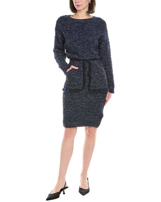 Elisabetta Franchi Blue Boucle Wool-Blend Sweaterdress