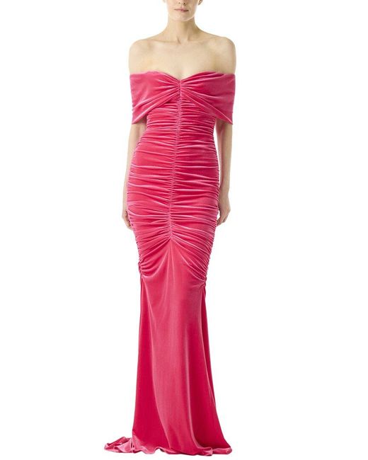 Monique Lhuillier Pink Off The Shoulder Ruched Silk-lined Gown