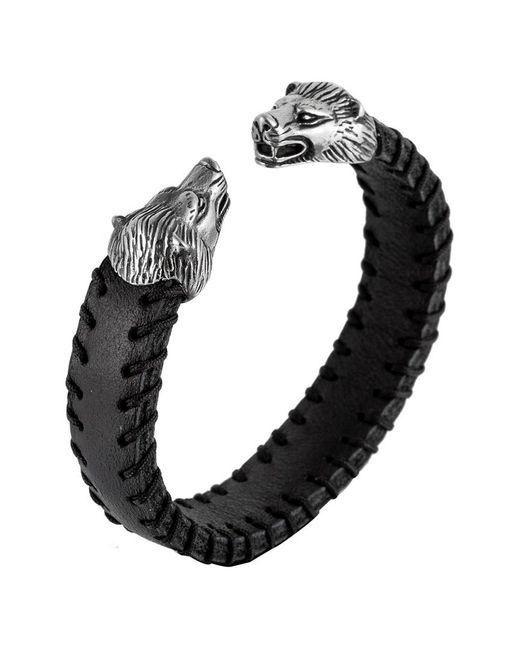 Eye Candy LA Black Luxe Collection Wolf Stainless Steel Leather Cuff Bracelet for men