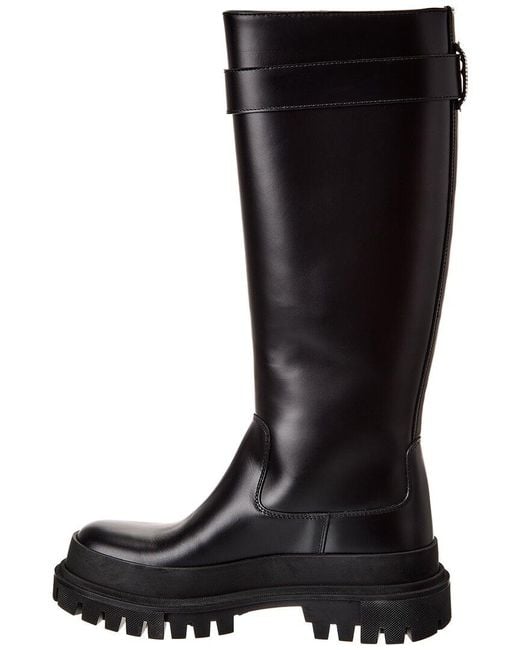Dolce & Gabbana Black Branded Strap Leather Knee-High Boot