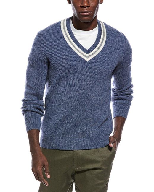 Brunello Cucinelli Blue Cashmere V-neck Sweater for men