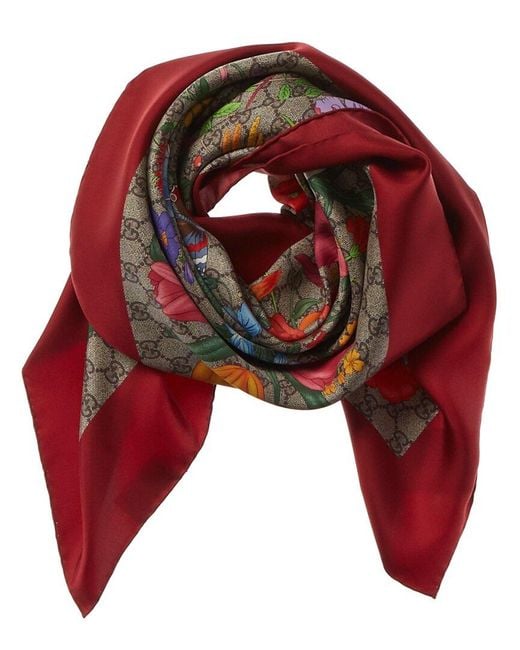 Gucci Red GG Flora Print Silk Scarf