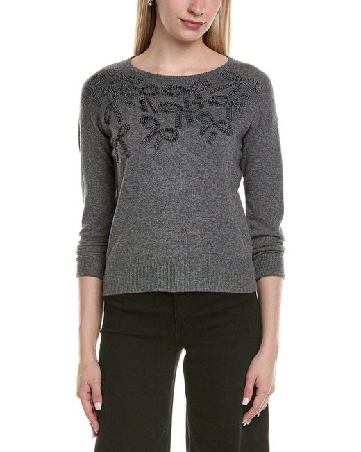 Sofiacashmere Gray Bow Embellishment Wool & Cashmere-Blend Sweater