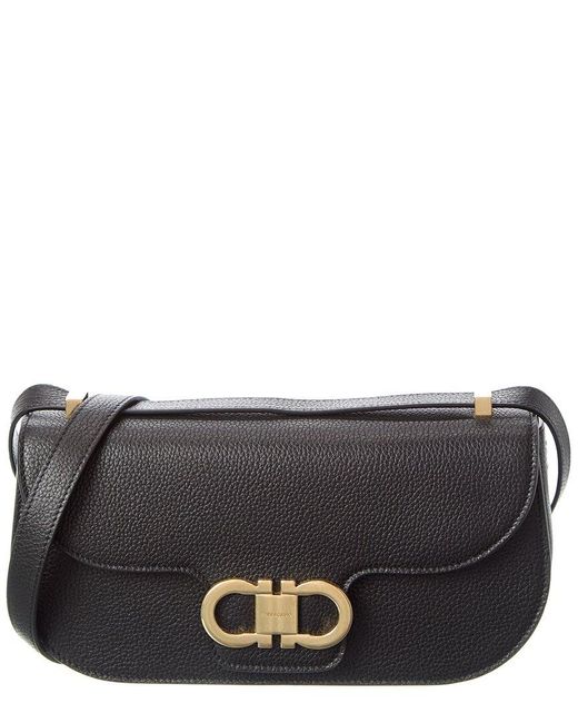 Ferragamo Black Gancini Double Leather Shoulder Bag