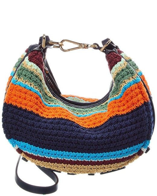 Fendi Blue Graphy Mini Crochet & Leather Hobo Bag