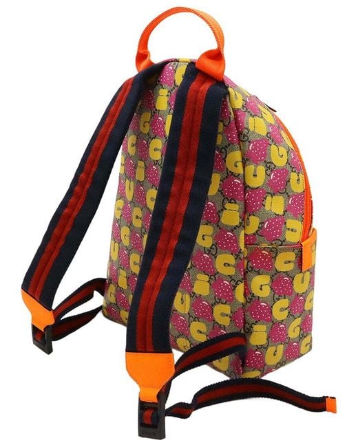 Gucci Orange Beige Gg Supreme Canvas Strawberry Print Backpack (authentic Pre-loved)