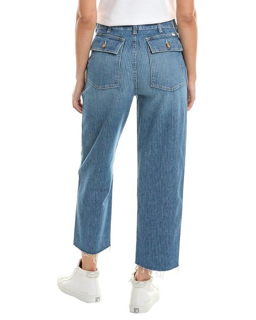 Mother Blue Denim Patch Pocket Private On The Right Track Linen-blend Ankle Fray Jean