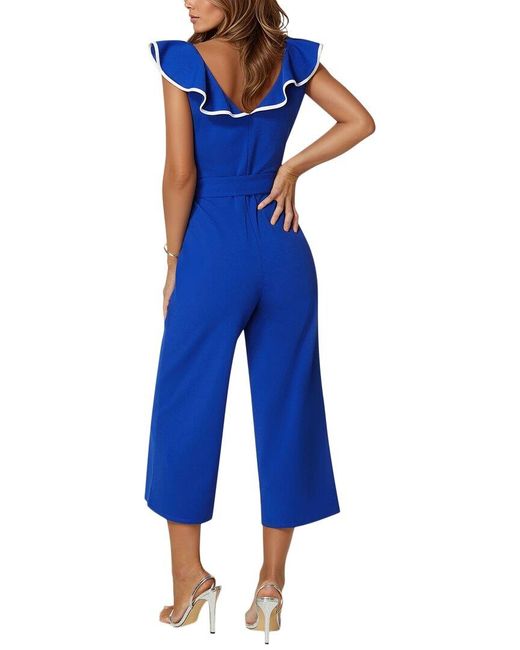 Bebe Blue Scuba Crepe Ruffle V-Neck Jumpsuit