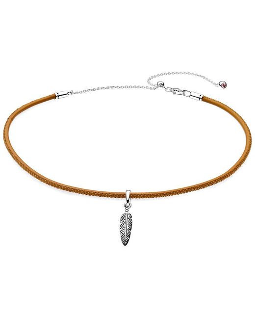 PANDORA Silver & Golden Tan Leather Choker With Feather Charm Necklace in  White | Lyst