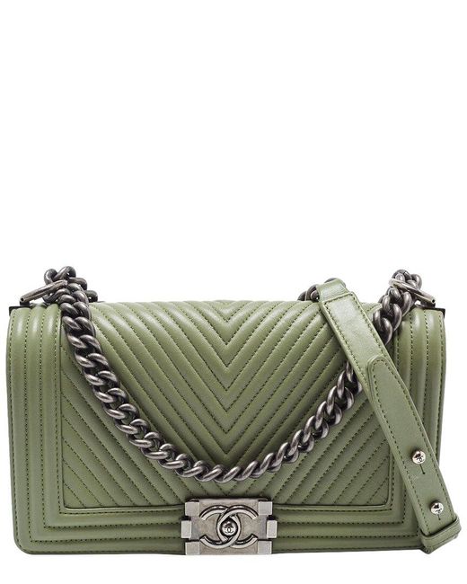 Chanel Green Quilted Leather Chevron Medium Boy Double Flap Bag (Authentic Pre-Owned)