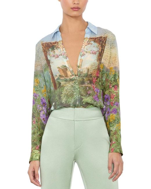 Alice + Olivia Green Eloise Button Blouse