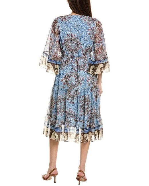Kobi Halperin Blue Logan Print V-Neck Ruffle Sleeve Dress