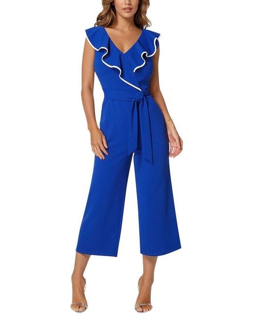 Bebe Blue Scuba Crepe Ruffle V-Neck Jumpsuit