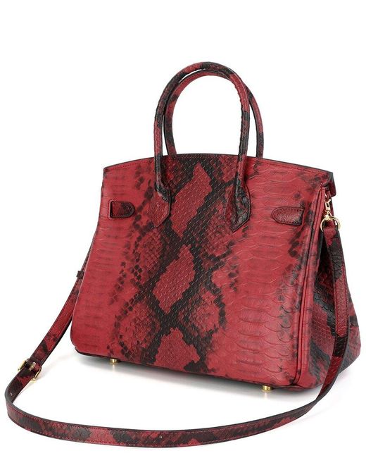 Tiffany & Fred Paris Red Large Snake-Embossed Leather Satchel