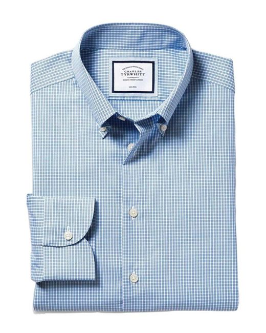 Charles Tyrwhitt Blue Non-iron Button Down Check Slim Fit Shirt for men