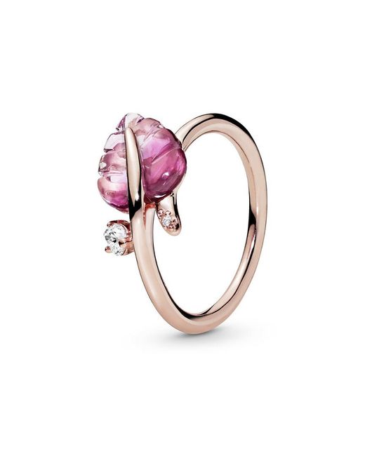 PANDORA Rose 14k Rose Gold Plated Pink Murano Glass Cz Leaf Ring | Lyst  Canada