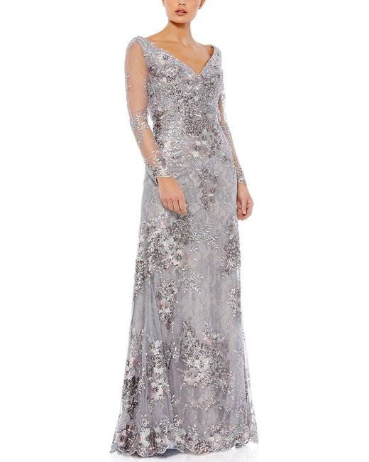 Mac Duggal Gray Embellished V Neck Illusion Gown