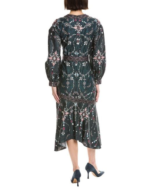 Marchesa Gray Printed V-Neck Midi Dress