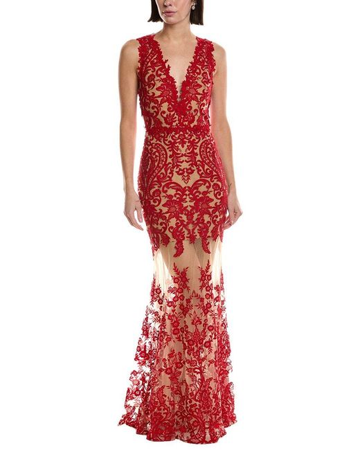 Marchesa Sleeveless Deep V-Neck Embroidered Gown