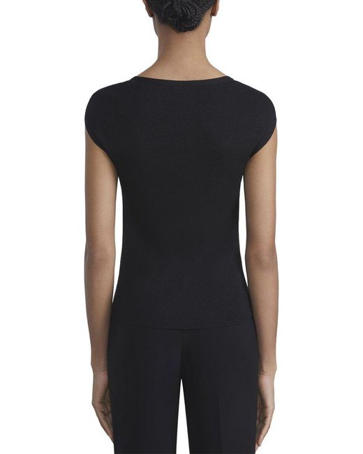 Lafayette 148 New York Black Ribbed Wide Crewneck Silk-Blend Pullover
