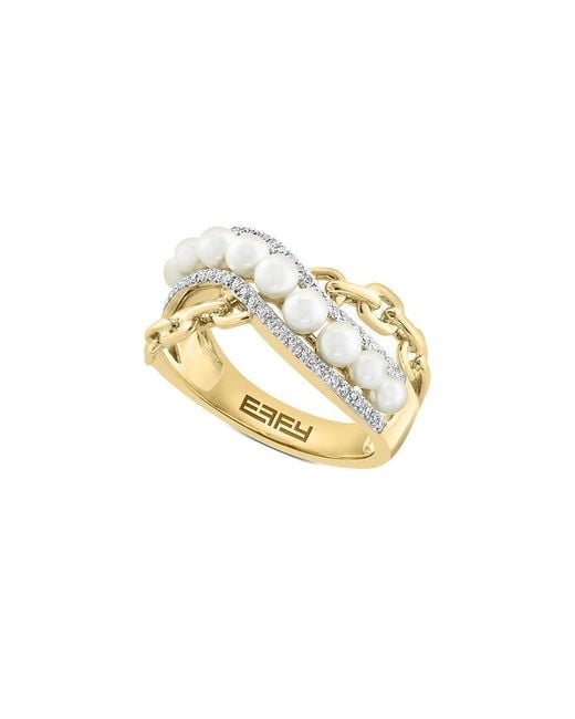 Effy Fine Jewelry Metallic 14K 0.17 Ct. Tw. Diamond & 2.5-3Mm Pearl Ring