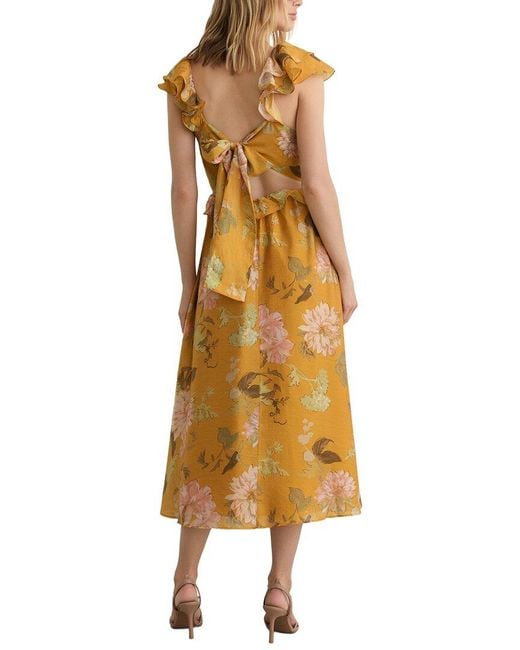 Reiss Metallic Lucy Floral Print Frill Trim Midi Dress