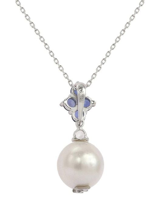 Suzy Levian White Sapphire Pearl Cluster Pendant Necklace