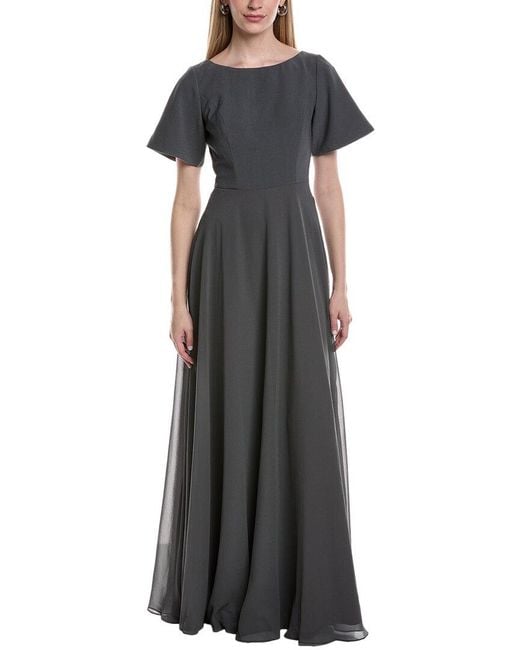 Rene Ruiz Black Boat Neck Chiffon A-line Gown