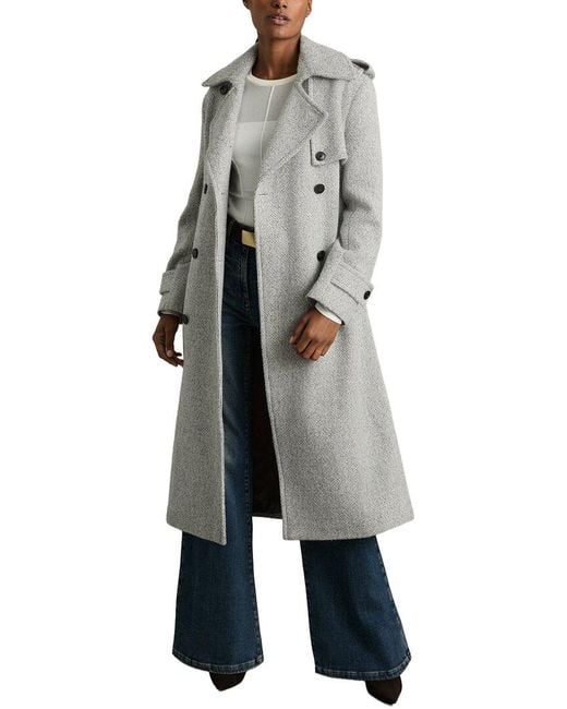Reiss Gray Alba Check Wool-Blend Coat
