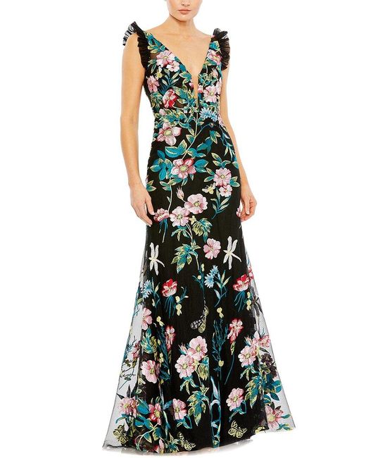 Mac Duggal Green Embroidered Floral Plunge Neck Trumpet Gown