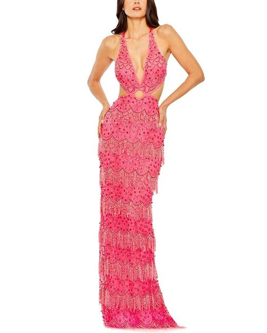 Mac Duggal Pink Open Back Cut Out Fringe Embellished Gown