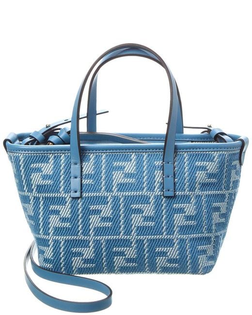 Fendi Blue Roll Mini Ff Jacquard & Leather Tote