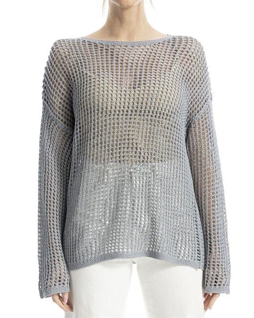 Max Studio Gray Open Weave Linen-Blend Pullover