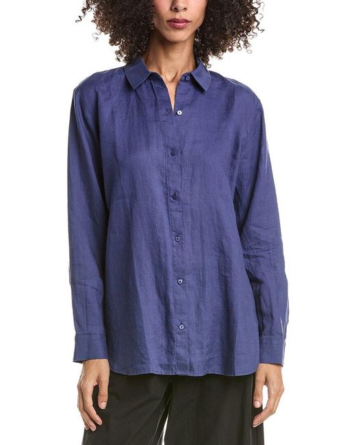 Eileen Fisher Blue Classic Collar Linen Long Shirt