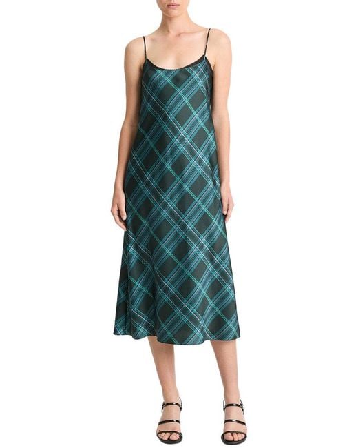 Vince Green Plaid Lace-Trim Slip Dress