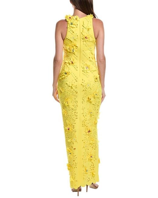 Badgley Mischka Yellow Scuba 3D Flowers Gown