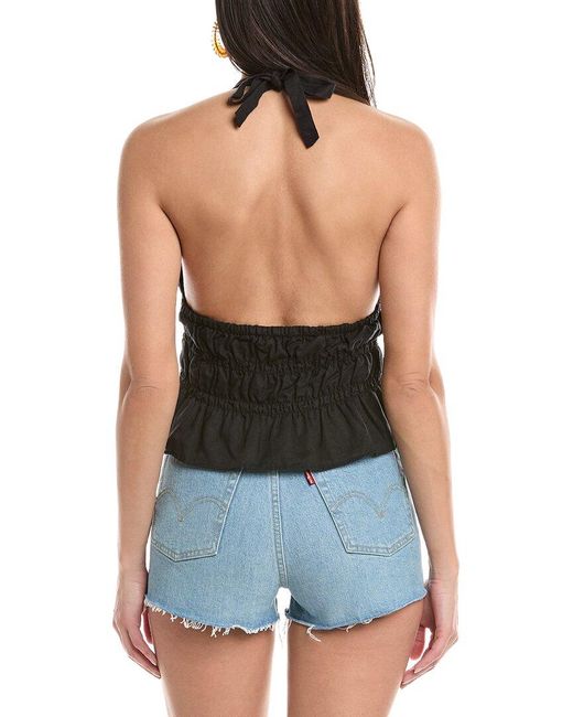 Onia Black Air Smocked Halter Linen-Blend Top
