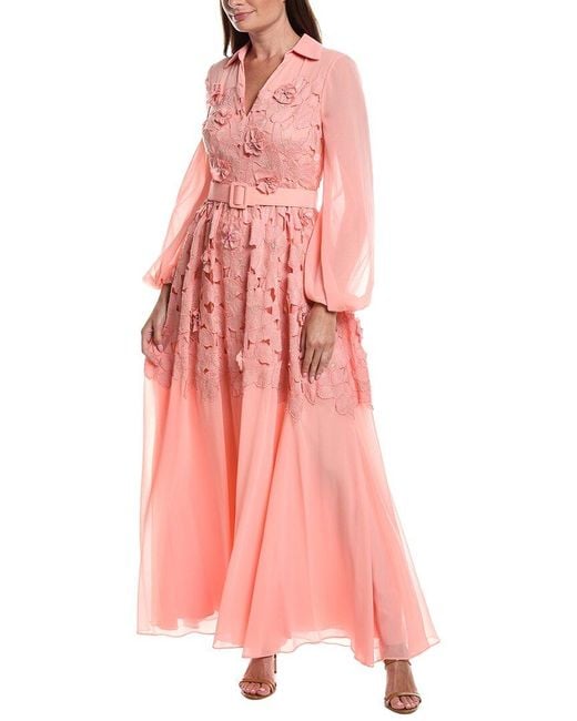 Badgley Mischka Pink Floral Lace Shirt Gown