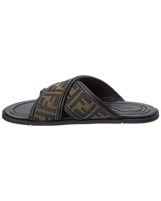 Fendi Black Ff Canvas & Leather Sandal for men