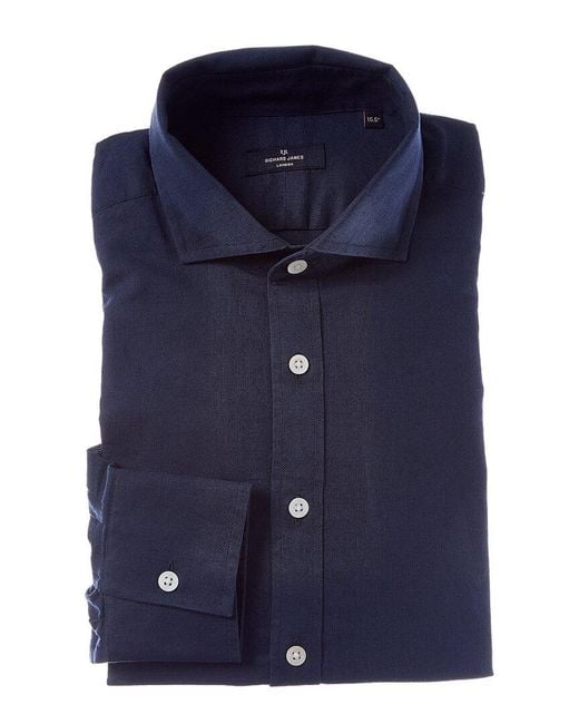 Richard James Blue Regular Collar Single Cuff Linen-Blend Dress Shirt for men