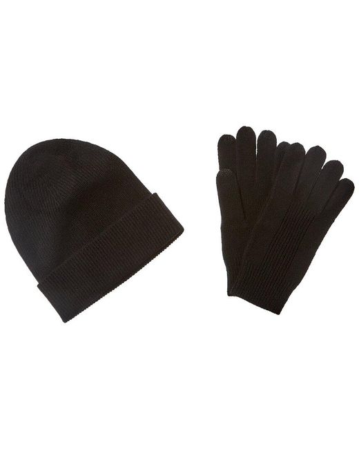 Qi Black Cashmere 2pc Ribbed Cashmere Hat & Glove Set for men