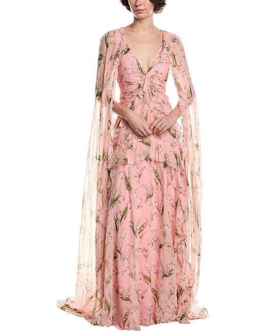 Carolina Herrera Pink Deep V-neck Gown With Detachable Cape