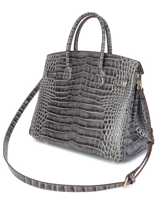 Tiffany & Fred Paris Gray Large Croc-Embossed Leather Satchel