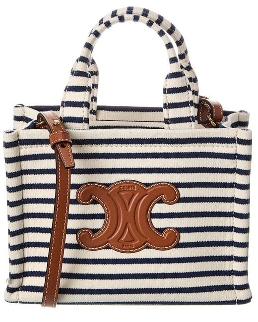 Céline White Mini Cabas Striped Triomphe Canvas & Leather Tote