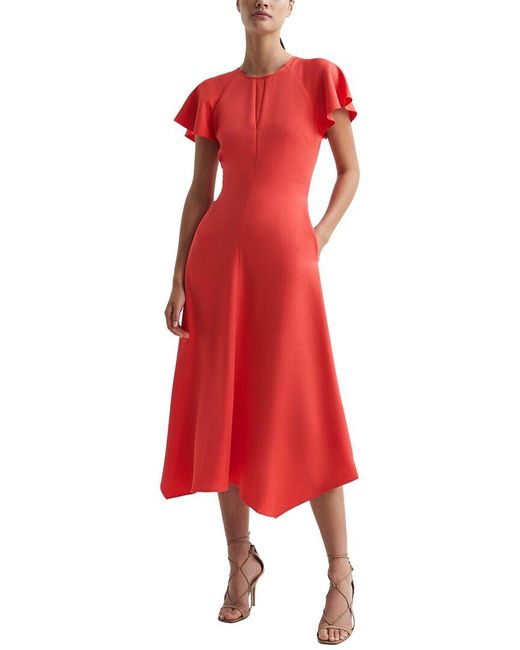 Reiss Red Eleni Cap Sleeve Occasion Midi Dress