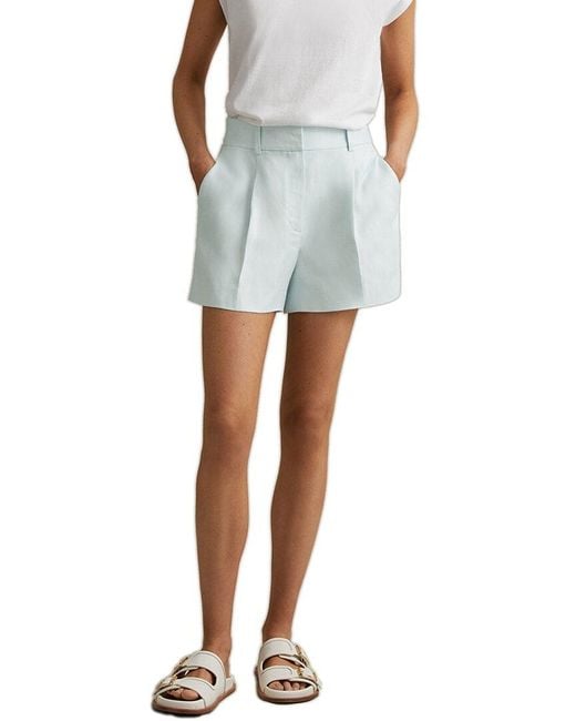 Reiss Blue Lori Linen-Blend Pleated Short