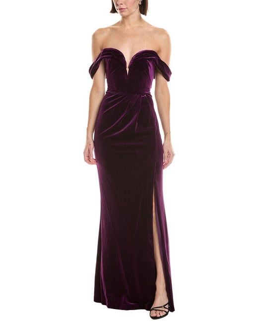Marchesa Purple Off-The-Shoulder Velvet Maxi Dress