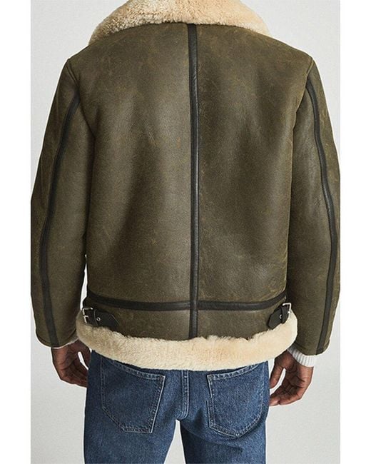 Reiss Green Hardy Shearling Leather Jacket for men